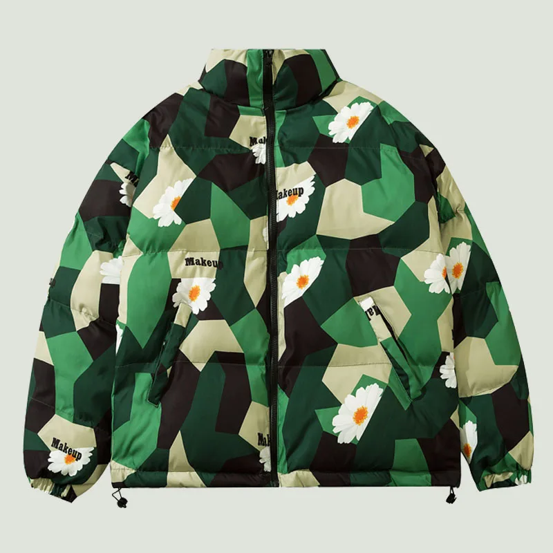 Hip Hop Men's Flower Printed Patchwork Parkas Winter Thicken Warm Stand-up Collar Oversize Loose Casual Jacket Unisex Streetwear