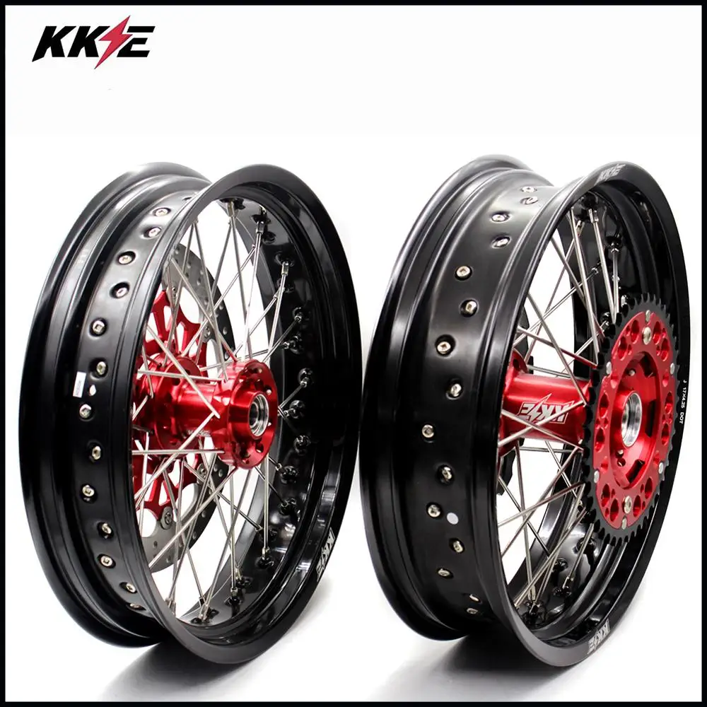 KKE 3.5/4.25 Supermoto Motard Wheels Set For HONDA XR650R 2000-2008 Silver Discs Red Hub Red Sprocket