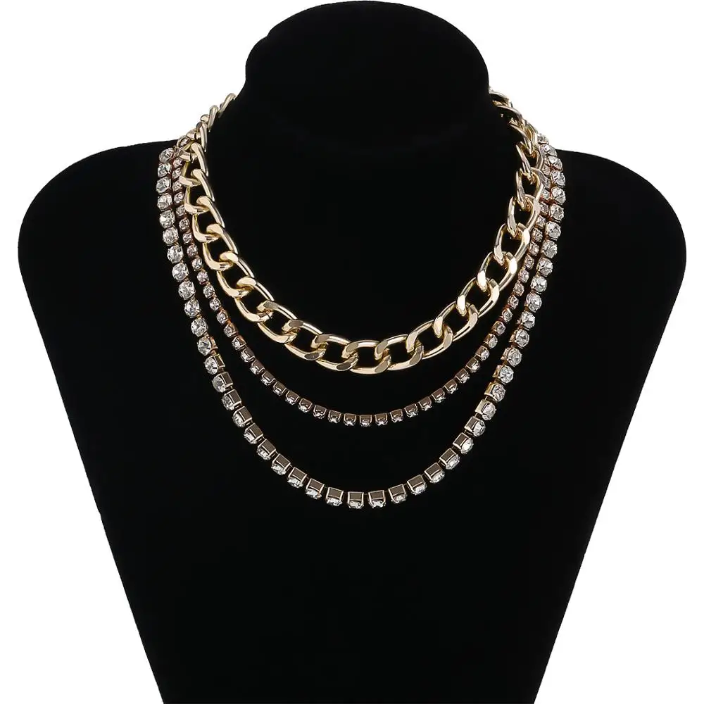 

IngeSight.Z 3Pcs/Set Steampunk Street Curb Cuban Miami Choker Necklace Shiny Rhinestone Crystal Chain Clavicle Necklaces Jewelry