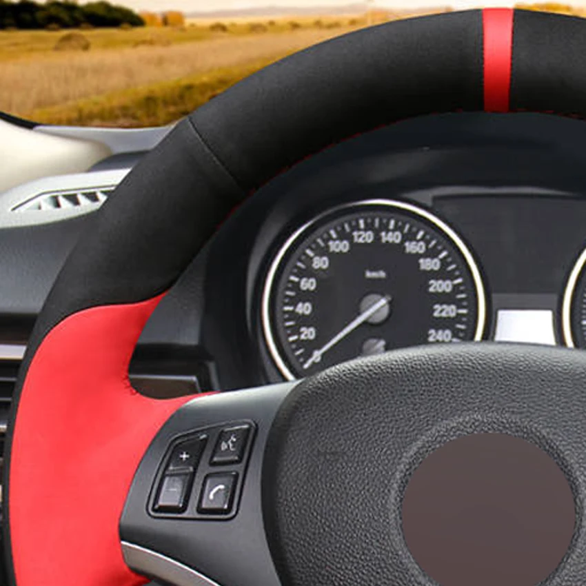 

LQTENLEO Black Red Suede Hand Sewing Car Steering Wheel Cover For BMW M Sport 3 Series E91 320i 325i 330i 335i M3 E90 E92 E93