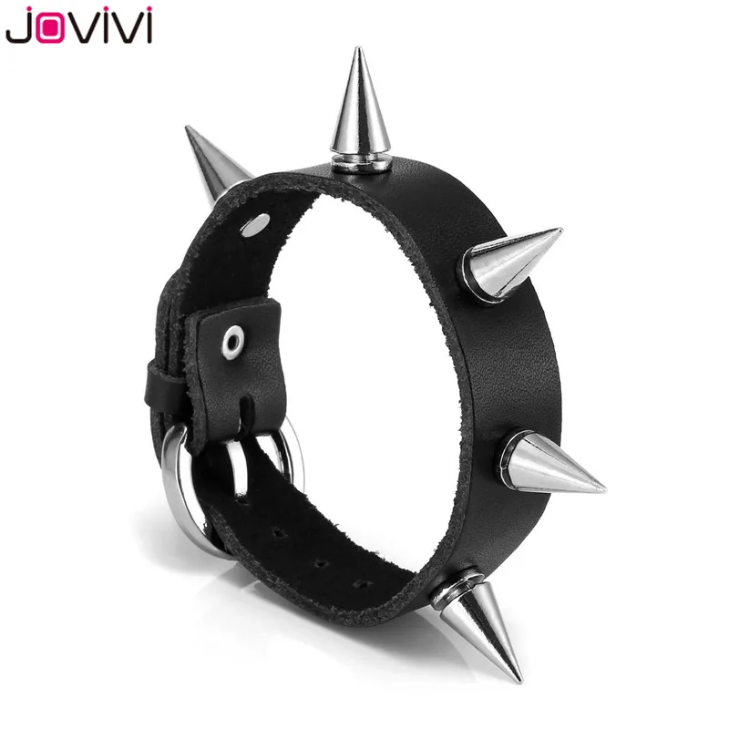 

Jovivi Mens Leather Bracelets Metal Biker Black Wide Bullet Skull Spike Chain Cowhide Punk Rock Bracelet Wristband Adjustable
