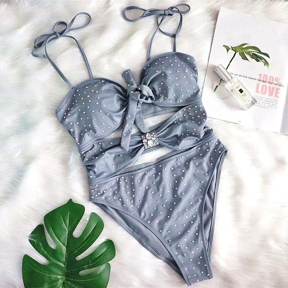

High Quality Swimsuit 2021 Tube Top Knotted Female One-piece Swimsuit Sexy Crystal Decoration High Waist Beach Swimming Bikini