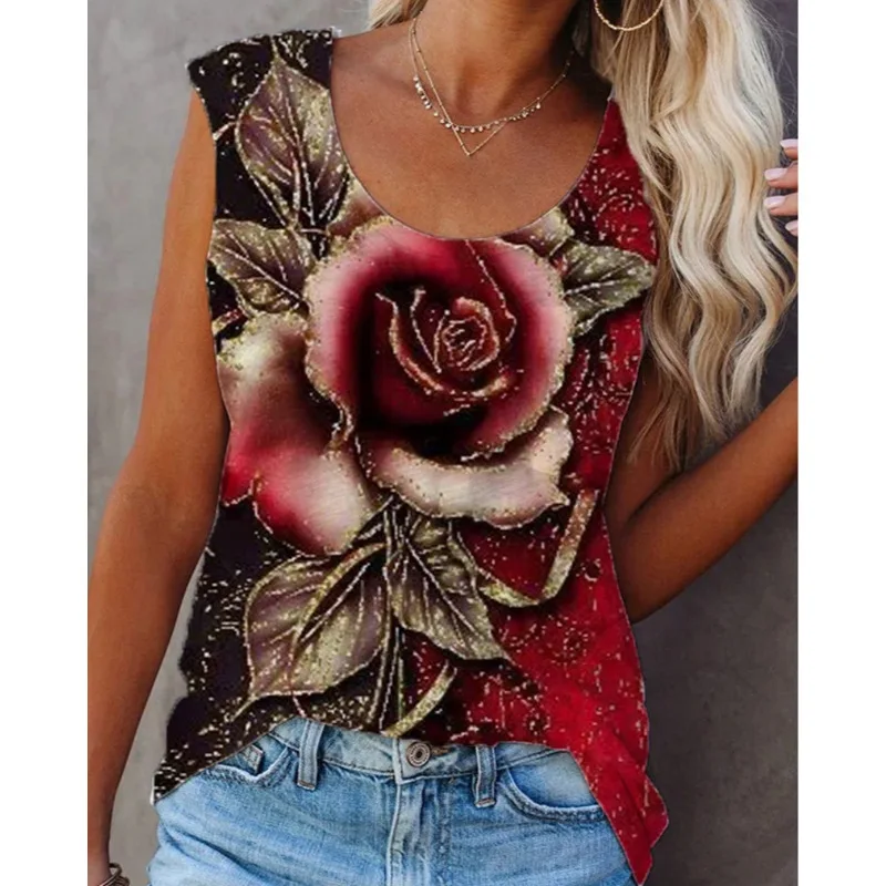 

Summer Women Loose T Shirt Vest Casaul Sleeveless Floral Printed Fashion Tshirts Plus Size Tops Female