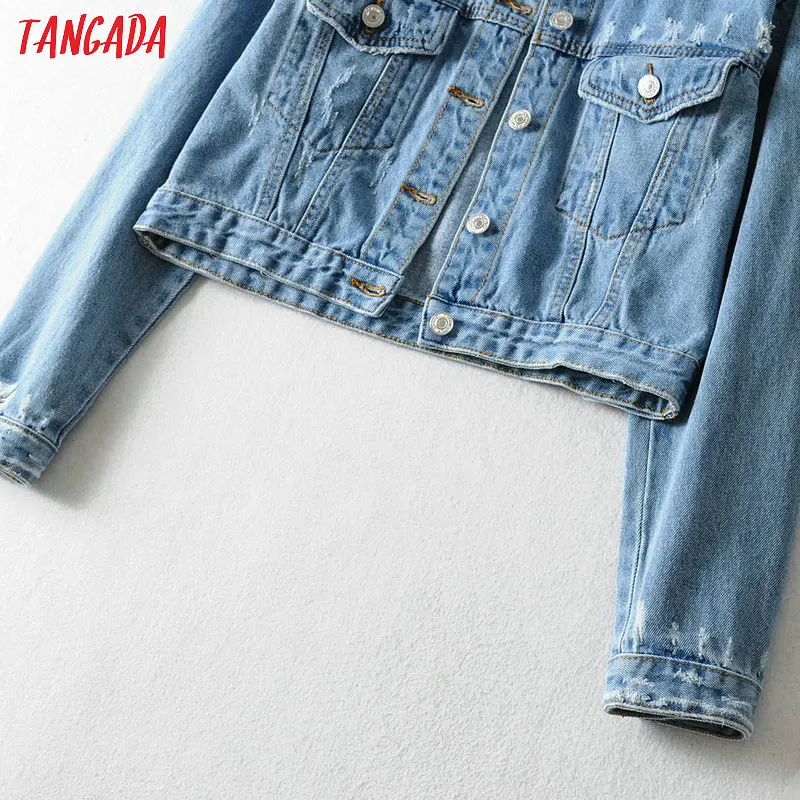 Tangada women short style denim jacket jeans korean fashion pockets short style jacket coat female high street tops FN106