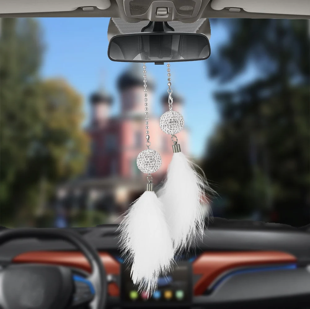 

Car Pendant Diamond Crystal Ball with Feathers Automobile Decoration Charm Auto Interior Rear View Mirror Hanging Ornament Gifts