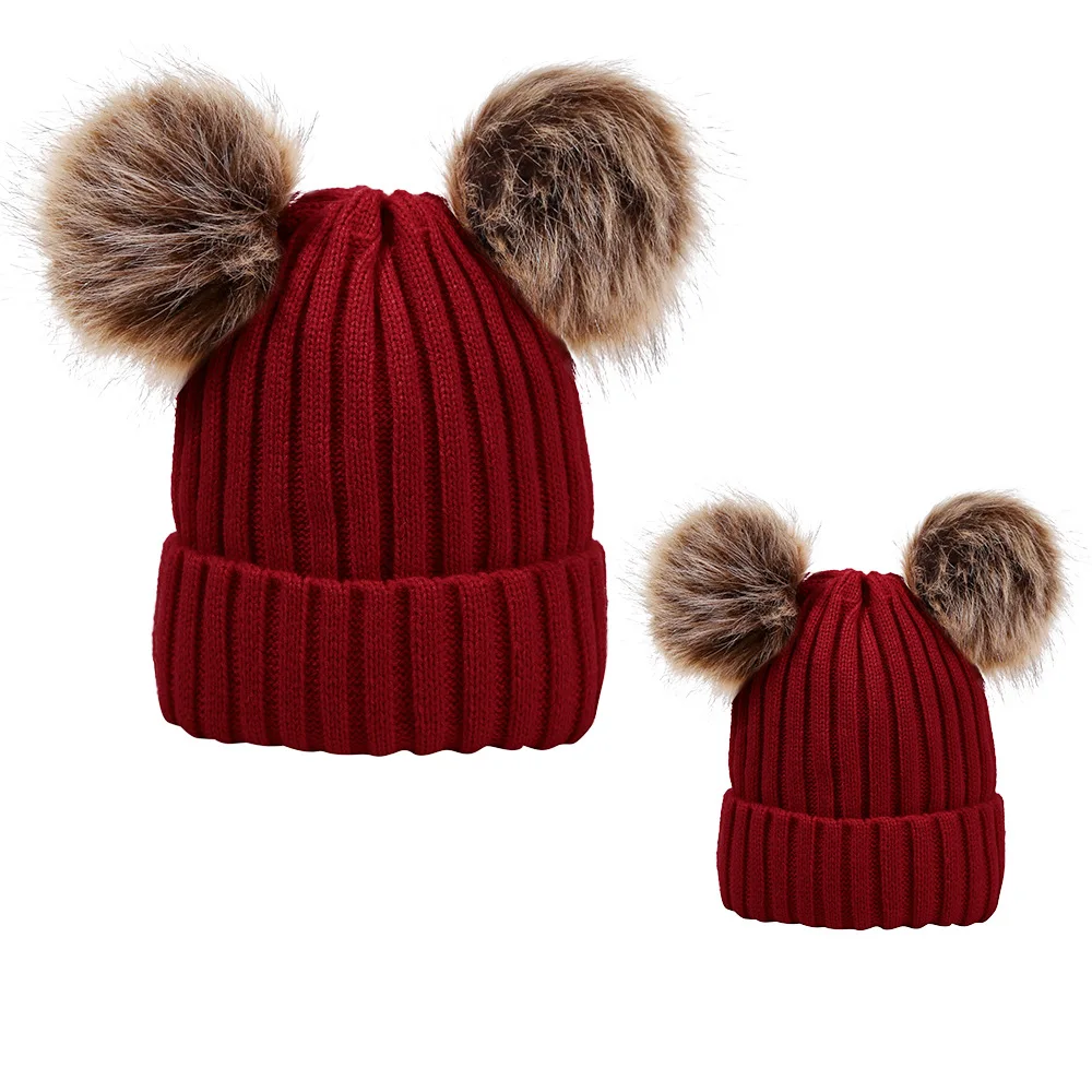 Осенне-зимняя женская вязаная теплая шерстяная шапка для родителей и детей с