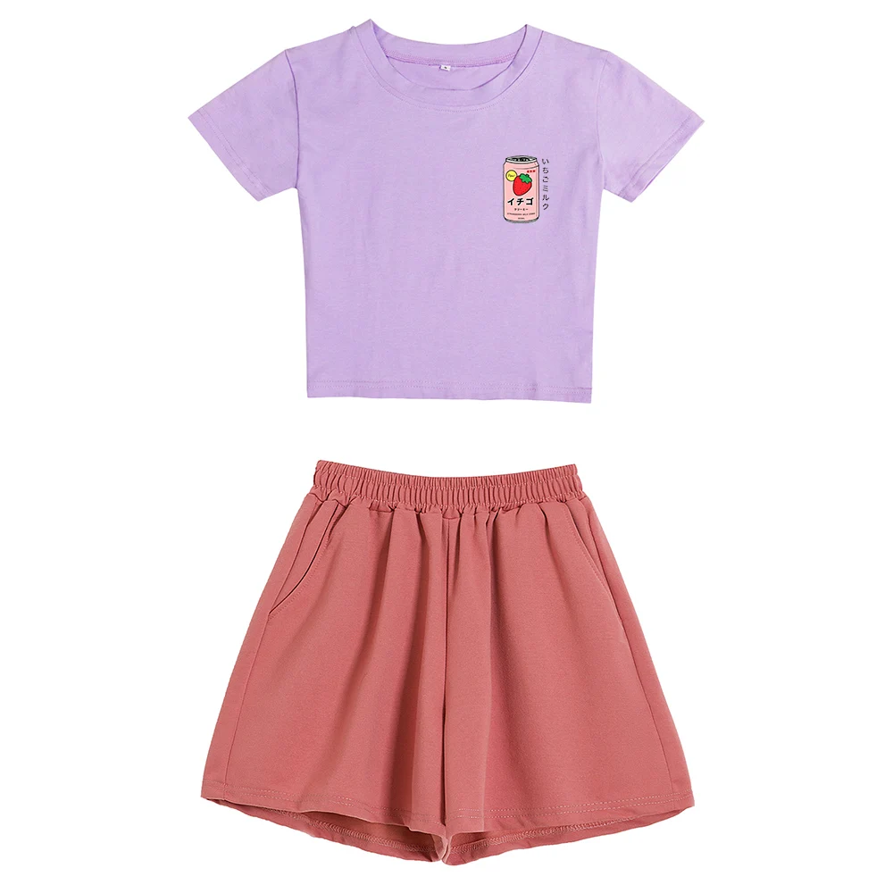 

Fashion Harajuku Kawaii Graphic Print Tee Japan Strawberry Juice T-shirt Cotton Women Summer Aesthetic Female T Shirt Pant Sets