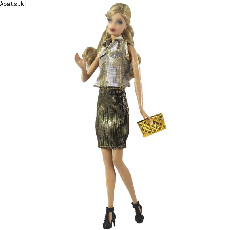 1set Fashion Outfits For Barbie Doll Plaid Blouse Top & Golden Mini Skirt Purse Clothes 1/6 Dolls Accessories Kids Toys
