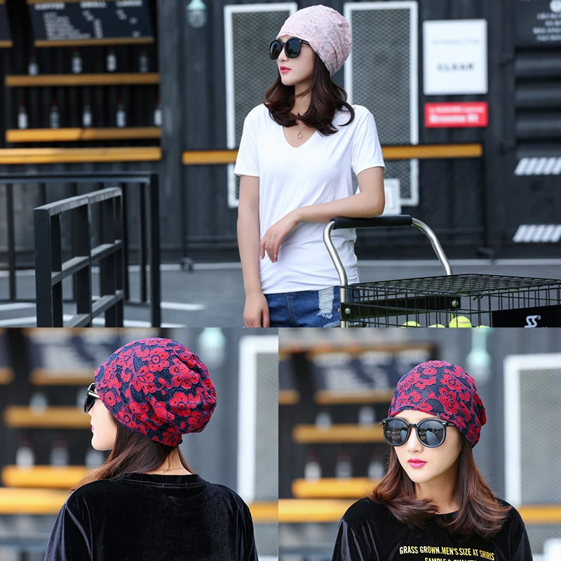

Casual Hollow Beanie Women Lace Sticker Flower Pattern Hats Fashion Beanie Outdoor Bonnet Cap