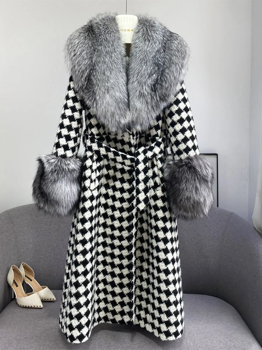 TOP Quality 2021 winter new Fashion female Trend Luxurious Red silver Fox fur parka Women's Large real fur Long Tweed wool coat