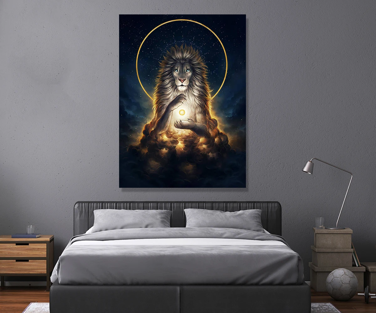 

Meditating Lion Painting Framed LED Induction Light Painting Wall Pictures for Living Room Canvas Wall Art Pictures