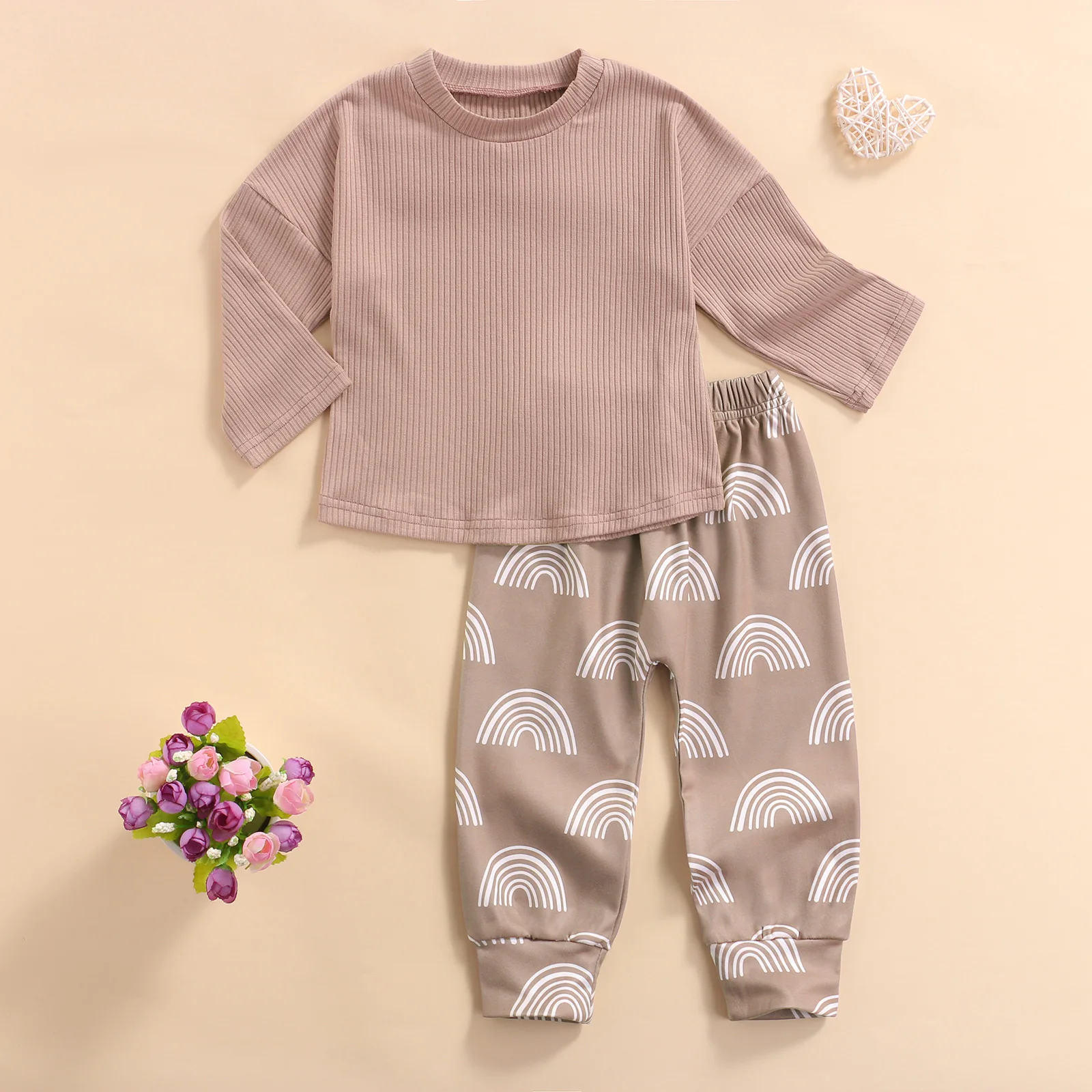 

1-6 Years Baby Kid Clothes 2pcs Kids Autumn Tracksuit, Long Sleeves T-shirt + Rainbow Print Elastic Waist Pants for Girls, Boys