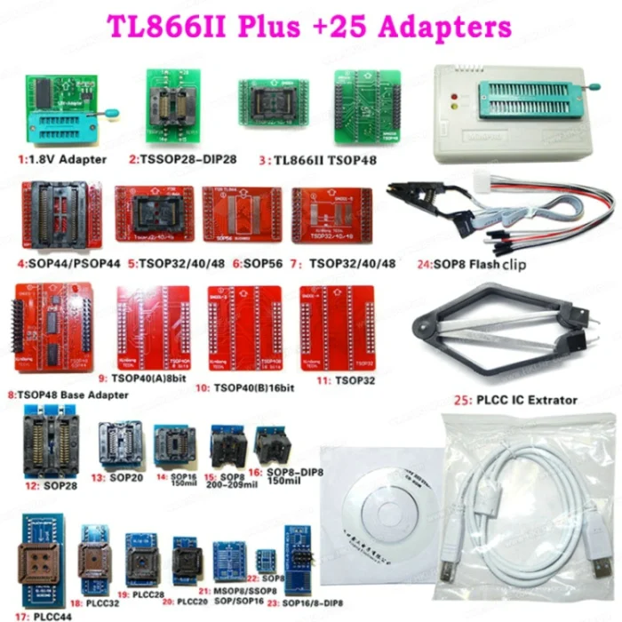 TL866II Plus 25Items Minipro TL866II плюс USB Универсальный программатор поддержка NAND Flash AVR MCU GAL PIC SPI+ 25 Адаптеры с Зажим для экстрактора - Цвет: TL866II Plus 25Items