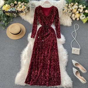 Dresses For Party Woman A-Line Bling V-Neck Dress High Wiaist Sequins Crystal Long Sleeve Plus Size Bridesmaid Dress Trend 2021 Dresses For Party Woman A-Line Bling V-Neck Dress High Wiaist Sequins Crystal Long Sleeve Plus Size Bridesmaid Dress Trend 2021