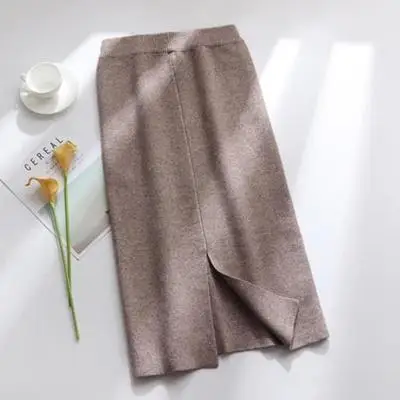 khaki Корейские длинные юбки женские Осень Зима Высокая талия трикотажные женские юбки-карандаш Harajuku плюс размер юбка jupe femme - Цвет: khaki
