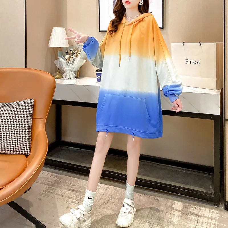 

Autumn and winter 2021 new Korean women's middle and long wear, variable color, hooded, long sleeve, thin wear, women's fashion