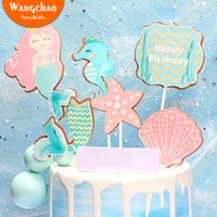 1 set beautiful happy birthday mermaid cake topper shell sea star theme cake decoration fairy party pops supplies