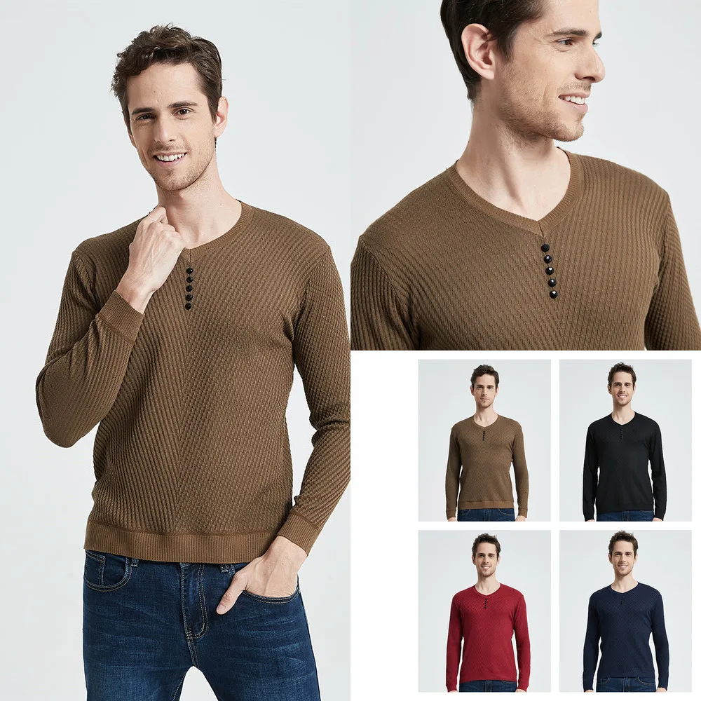 

Повседневный мужской свитер Coodrony, осенне-зимний свитер на пуговицах с V-образным вырезом, рубашка с длинным рукавом, из мягкого хлопка, прита...