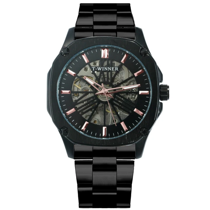 BLACK RG BLACK WINNER официальный розовое золото автоматические механические мужские часы лучший бренд класса люкс Скелет квадратный циферблат Винтаж Бизнес наручные часы - Цвет: BLACK RG BLACK