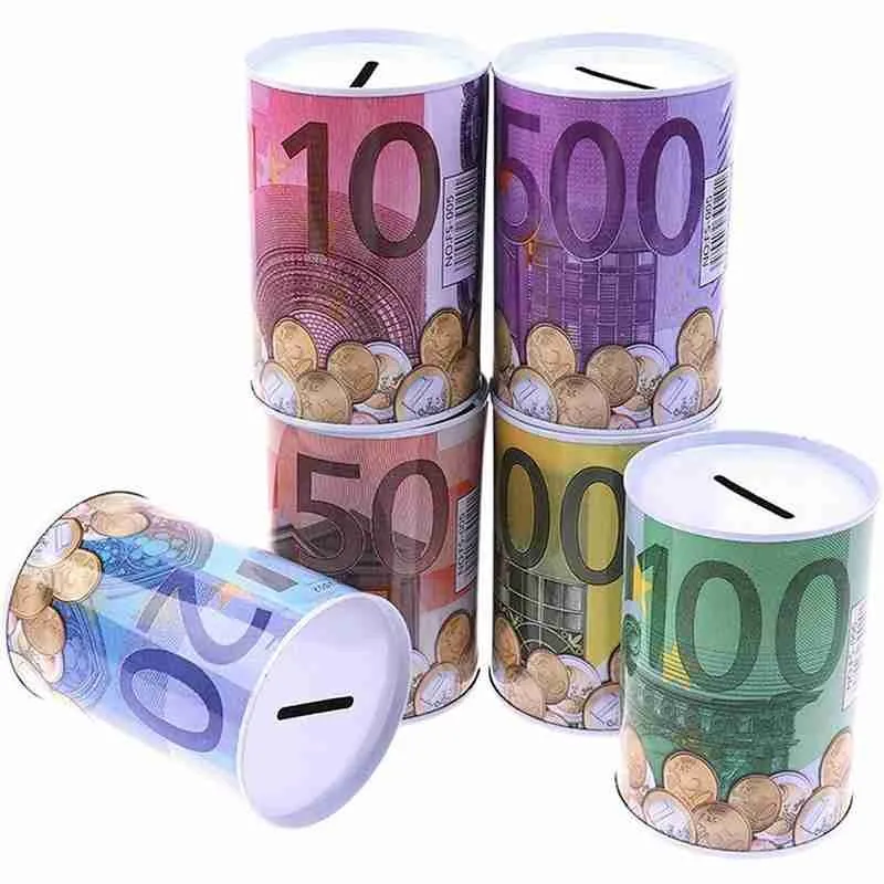 Жестяная цилиндрическая копилка коробка для хранения монет в долларах евро