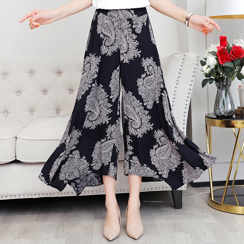 

Wide-leg Pants Female New Nine-point Pants Fashion Loose High Waist Casual Pants Elastic Waist Large Size Printed Pants