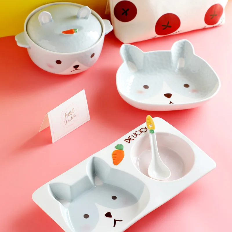 Детская керамическая тарелка с мультяшным Кроликом кружка ложка набор для детей