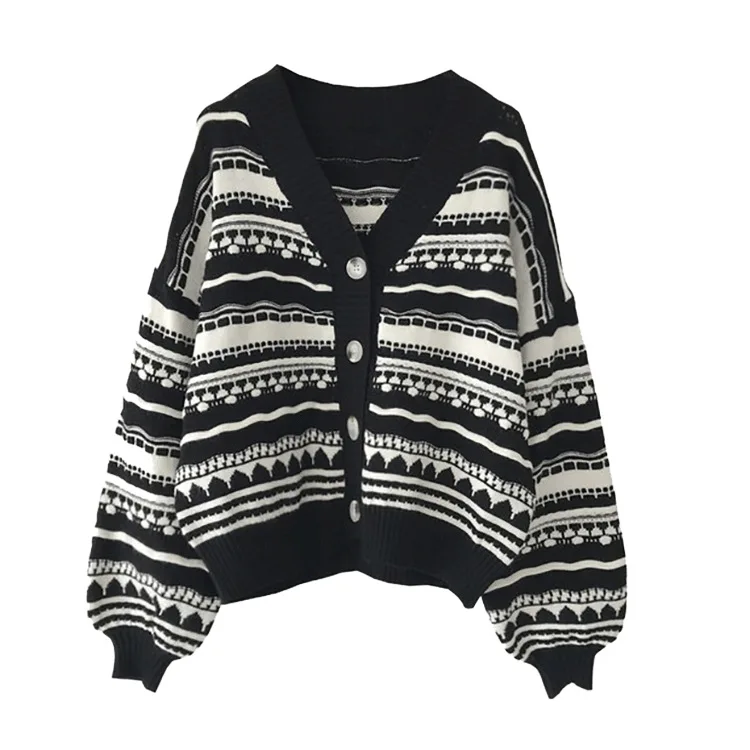 

Fashion Autumn Warm Cardigan Sweater Women Long Sleeve V Neck Casual Print Knitwear Elegant Ladies Loose Top Streetwear