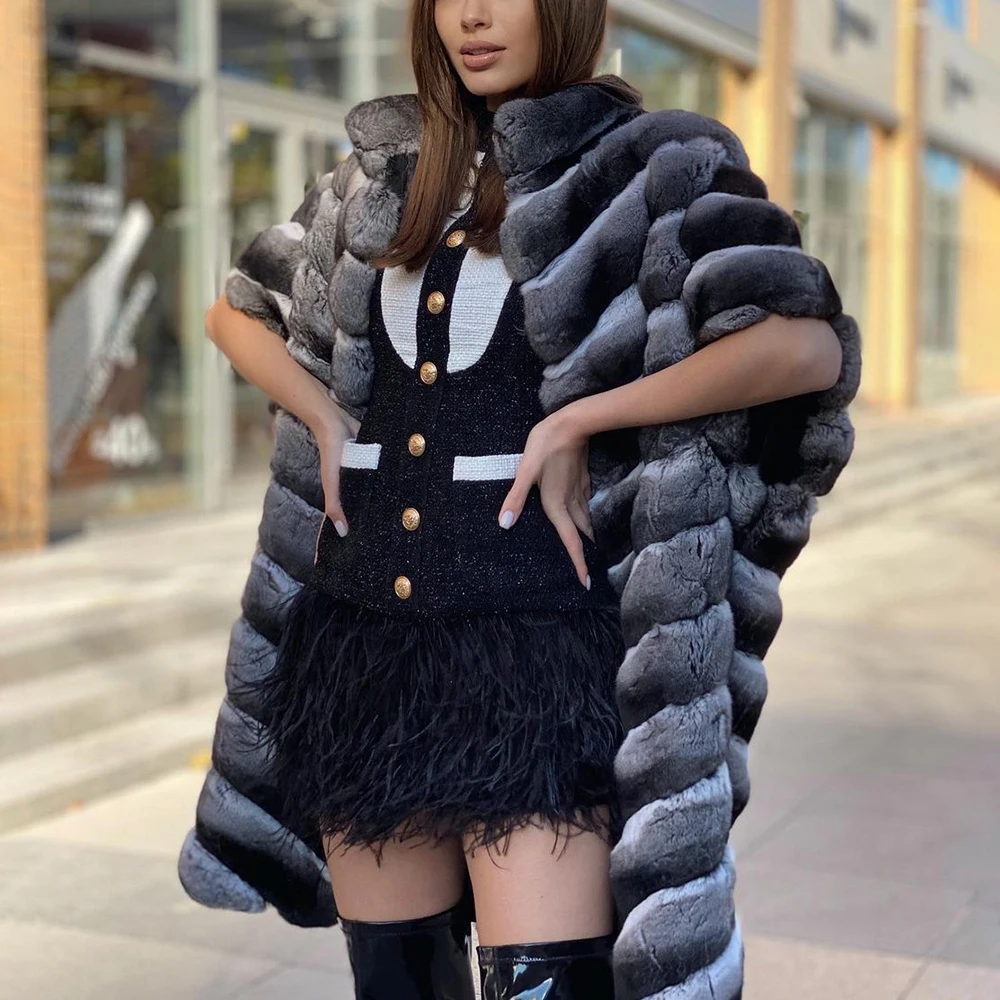 Fashion Long Real Rex Rabbit Fur Coats Stand Collar Women Trendy Winter Full Pelt Genuine Rex Rabbit Fur Coat Chinchilla Color enlarge
