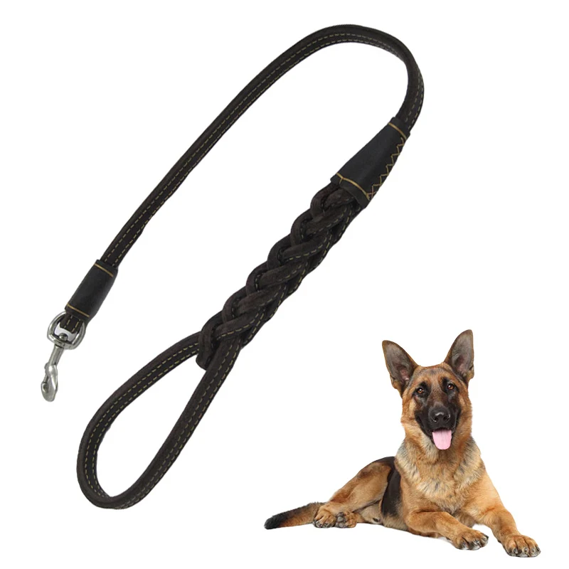 

One step Large Dog Leash Short traction rope Braided Real Leather Big dog Walking Leashes 80cm Lead for German Shepherd dogs