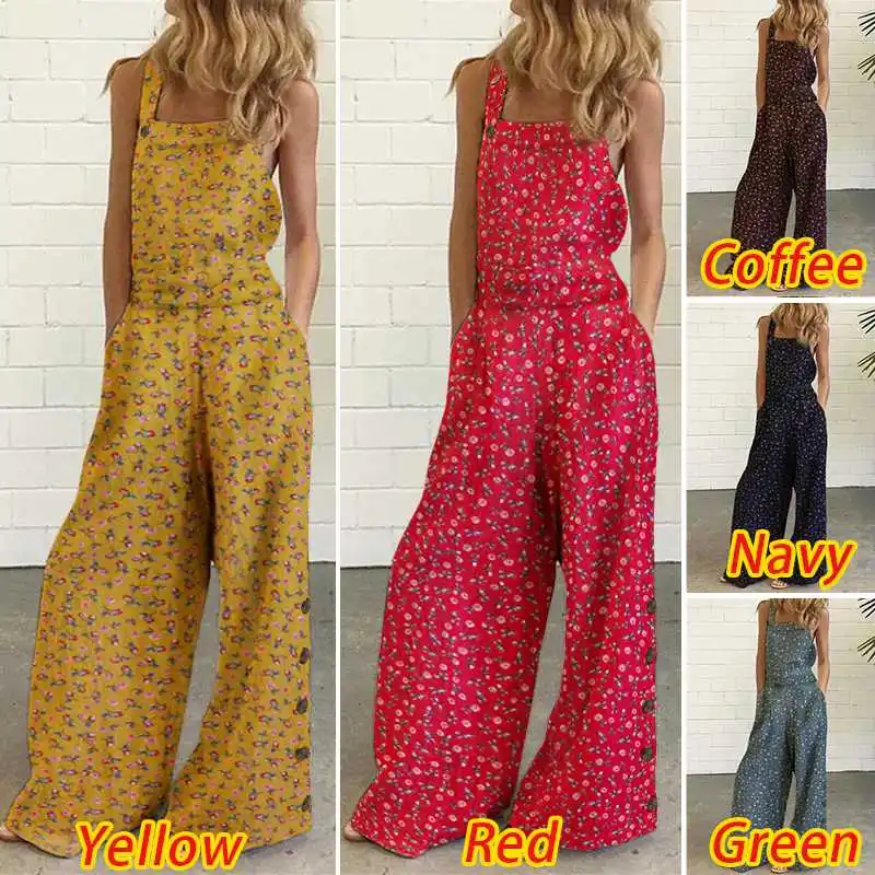 

Casual Loose Overalls Stylish Women Pantalon 2021 VONDA Floral Rompers Sexy Printed Retro Jumpsuits Sleeveless Suspenders S-5XL