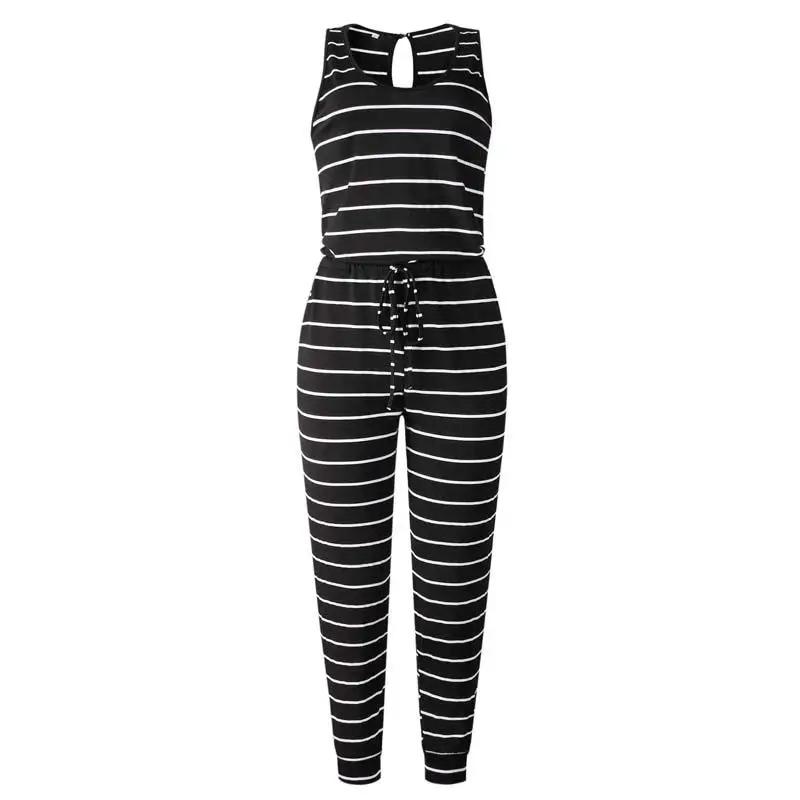 

2021 Summer Striped Long Jumpsuit Women Sleeveless Rompers Lace Up Sexy Jumpsuits Female Overalls for Women O-neck
