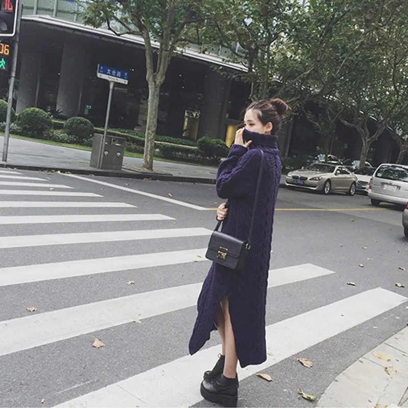 Женское платье-свитер с высоким воротом толстый свитер длинным рукавом длинное