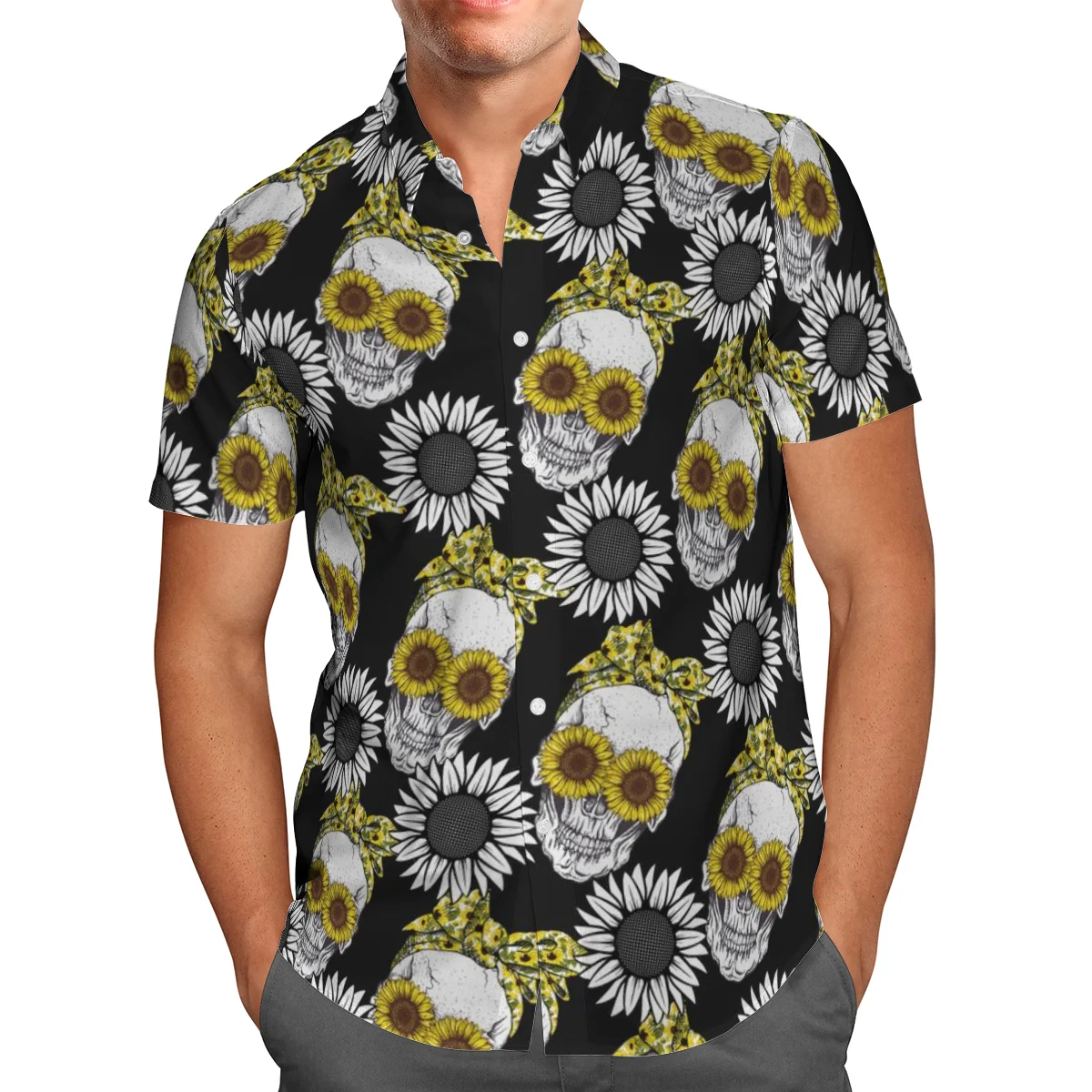 

Skull Flower 3D Beach Hawaiian 2021 Summer Black Shirt Short Sleeve Shirt Streetwear Oversized 5XL Camisa Social Chemise Homme