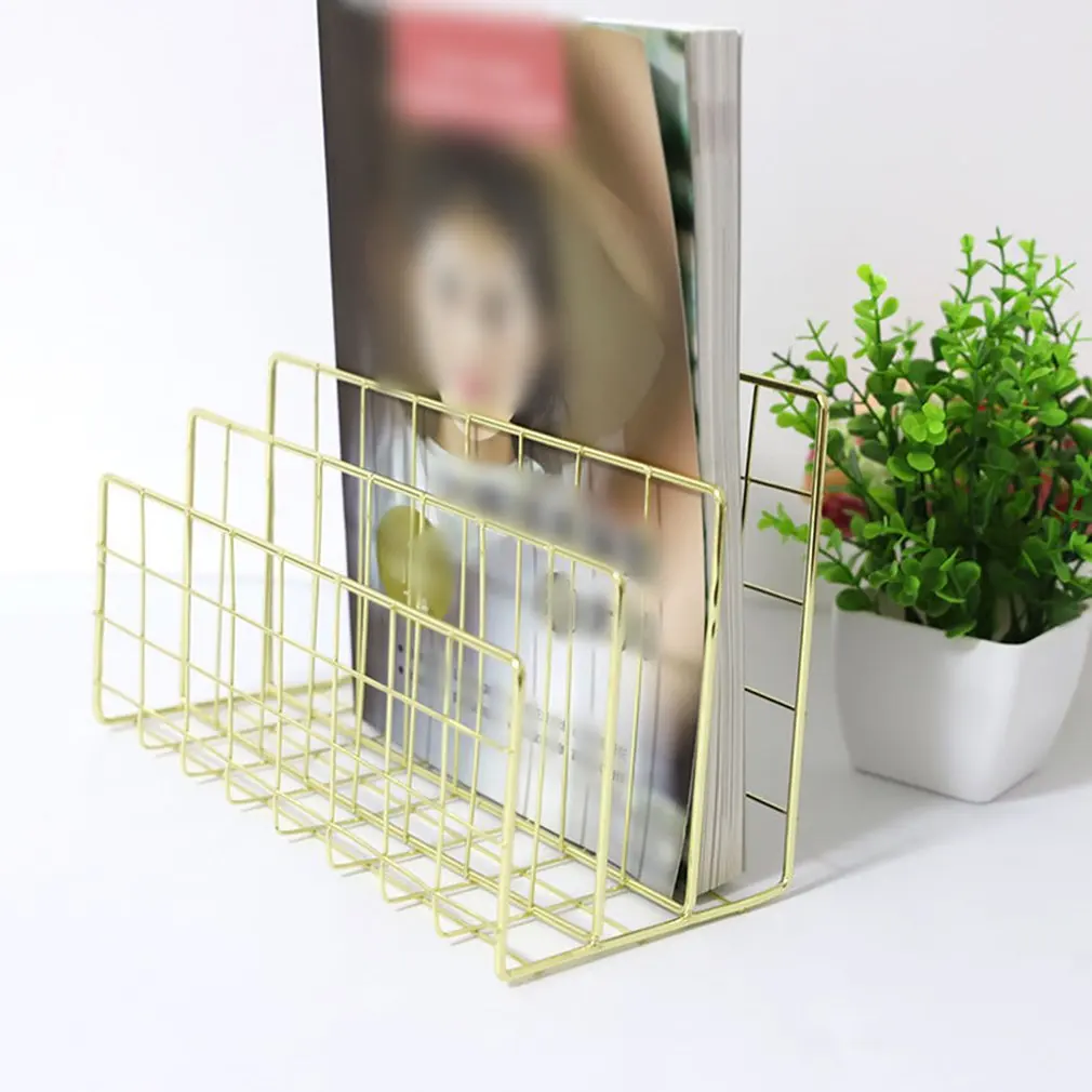 

Durable and Convenient Wrought Iron Metal Three Grid Bookshelf Book Stand Desktop Decoration File And Book Organizer