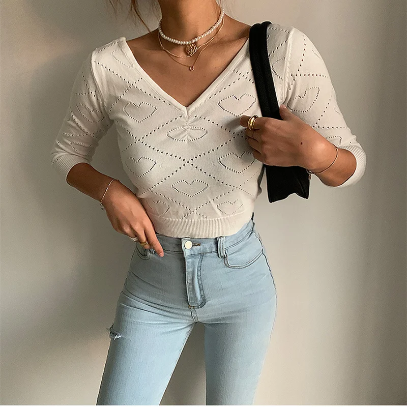 

2020 fall vintage V-neck folds pink peach heart hollow knit sweaters thin 3/4 sleeve short crop tops pullover jumpers for woman