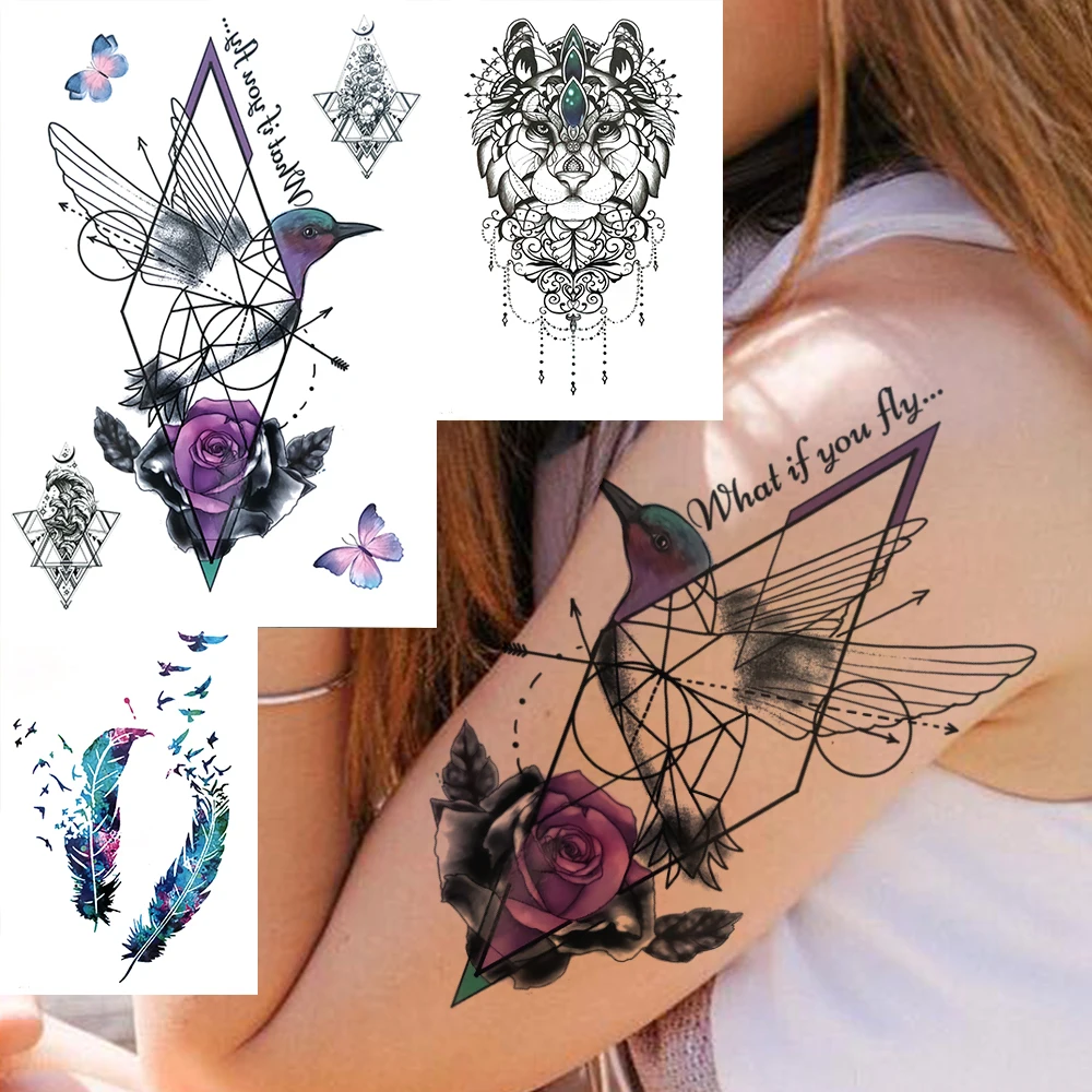 

Geometry Purple Rose Hummingbird Temporary Tattoos For Women Adults Fake Feather Owl Bird Tattoo Sticker Thigh 3D Tatoos Paper