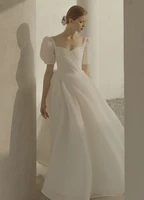 2021 korea style sweetheart puffy sleeve satin a line backless simple plain wedding dress bride gown vestidos de novia
