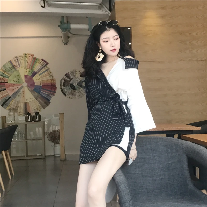 Летний дизайн черно-белый контрастный цвет женская OL рубашка блузка полосатый