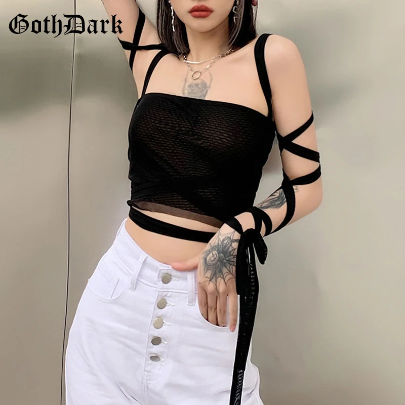 Goth Dark Y2k Gothic Punk Black Women Camis Lace Up Backless Bodycon Crop Tops Emo Alternative Clothes Fashion Summer Streetwear | Женская