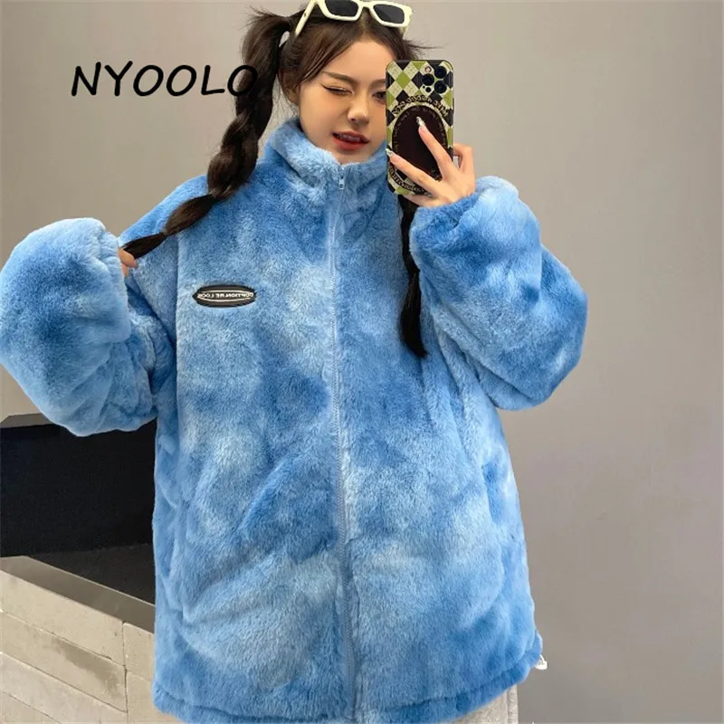 

NYOOLO High Street Tie Dye Long Sleeve Lambswool Quilted Zipper Padded Jacket Women Clothes Winter Thicken Warm Oversized Coats