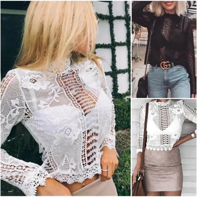 Женская Кружевная блуза с длинным рукавом вязанная крючком летняя весенняя