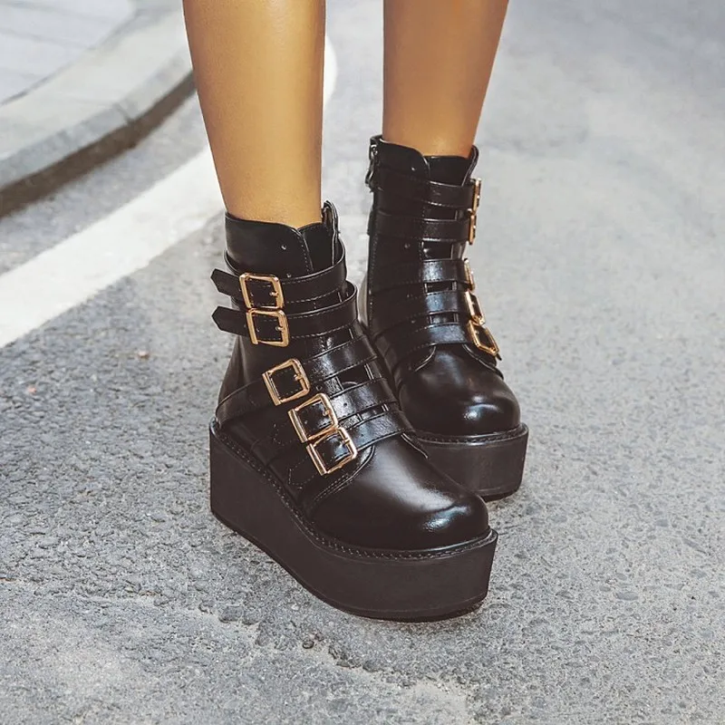 US4-13 женские ботильоны с круглым носком на платформах ремешками и пряжкой обувь в