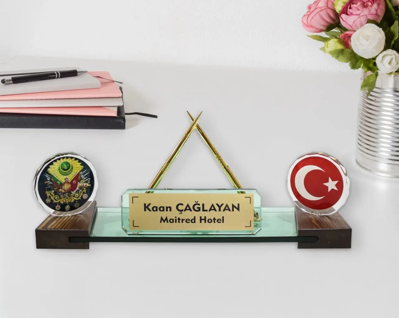 

Personalized Turkish Flag and Ottoman Tuğrağlı Clocks Crystal Table İsimliği