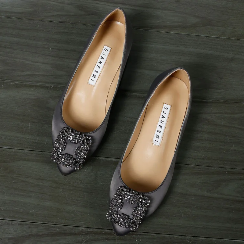 

Women's shoes silk rhinestone pointed toe flat heel genuine leather candy color pumps chunky heel low heel spring wedding shoes