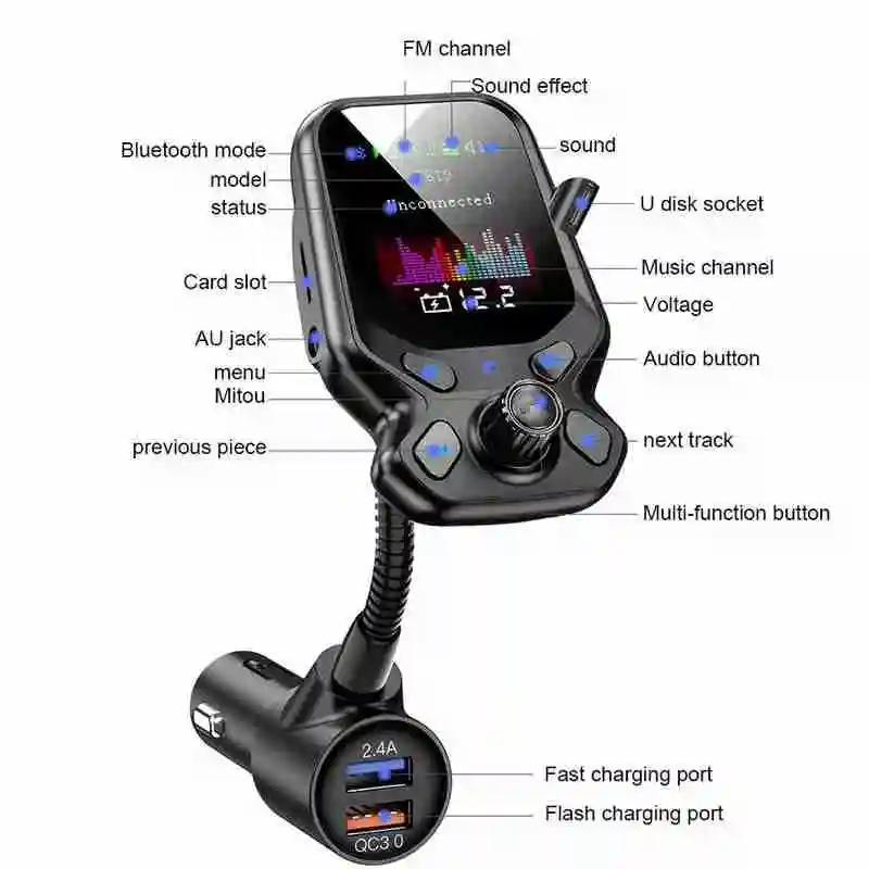 

FM Transmitter Bluetooth 5.0 Car Accessories Handsfree Player Music Player MP3 Charger Car Quick AUX Supports Audio QC3.0 U O0F2