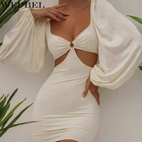 wepbel fashion lantern sleeve dress womens sexy hollow out slim dress summer strapless solid color dress