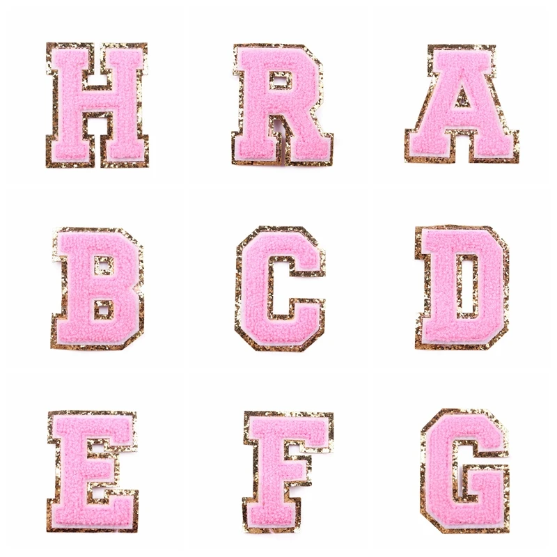 

Pink Towel Embroidery Patches For Clothing DIY Name Badge Letter Patch Iron On Patches On Clothes Sequins Patch Applique Decor