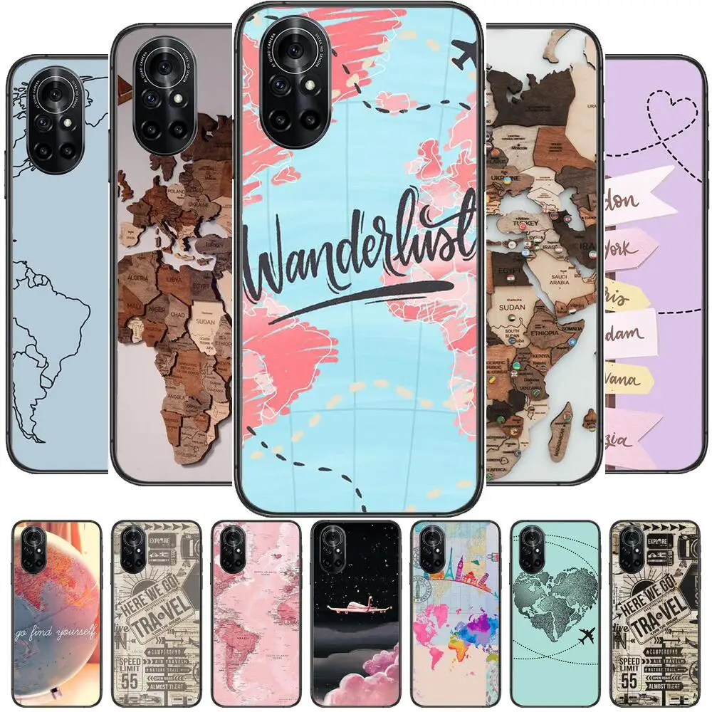 

Popular world map travel Clear Phone Case For Huawei Honor 20 10 9 8A 7 5T X Pro Lite 5G Black Etui Coque Hoesjes Comic Fash d
