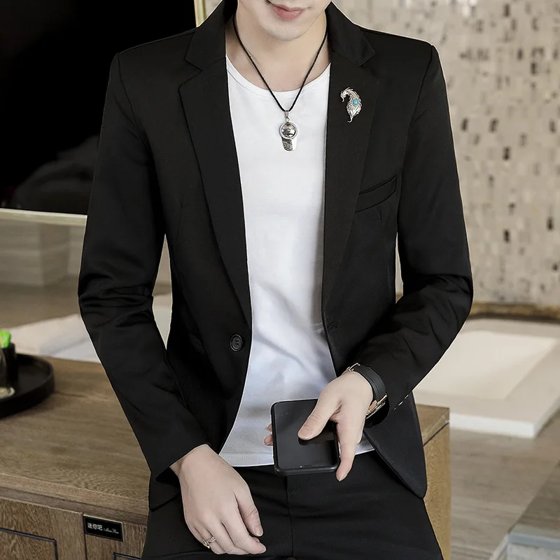 

2020 Men's British Gray Handsome Casual Slim Suit Fashion Youth Solid Color Suit Two Pieces