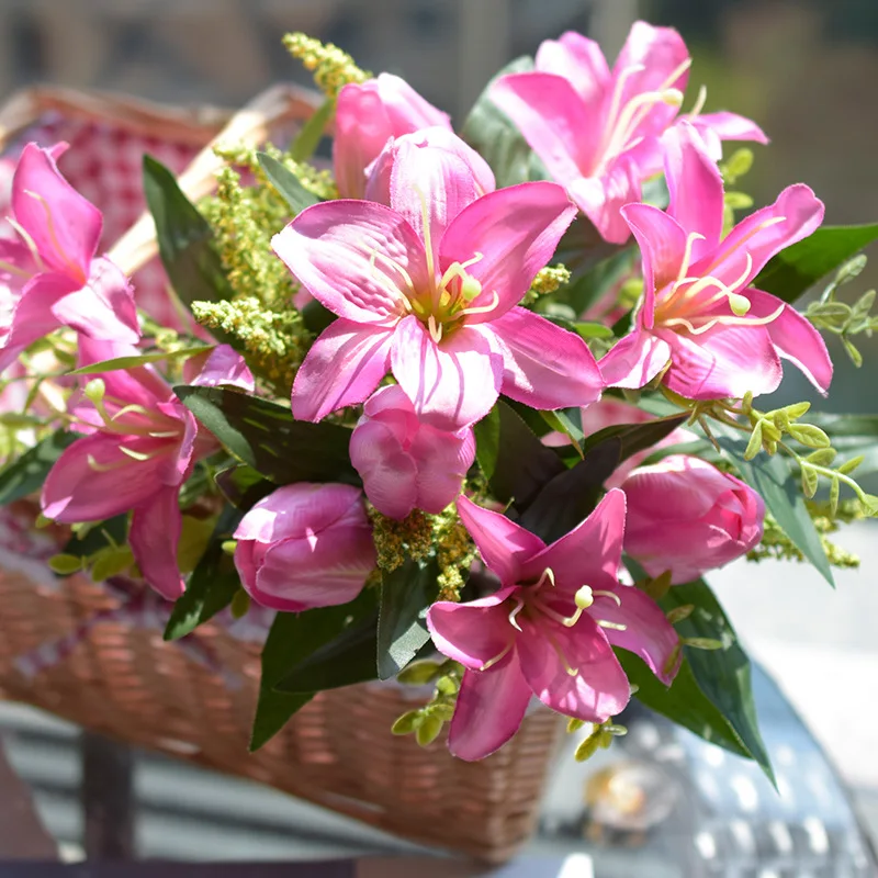 Букет из искусственных розовых тюльпанов шелковые белые лилии свадебные принадлежности искусственная